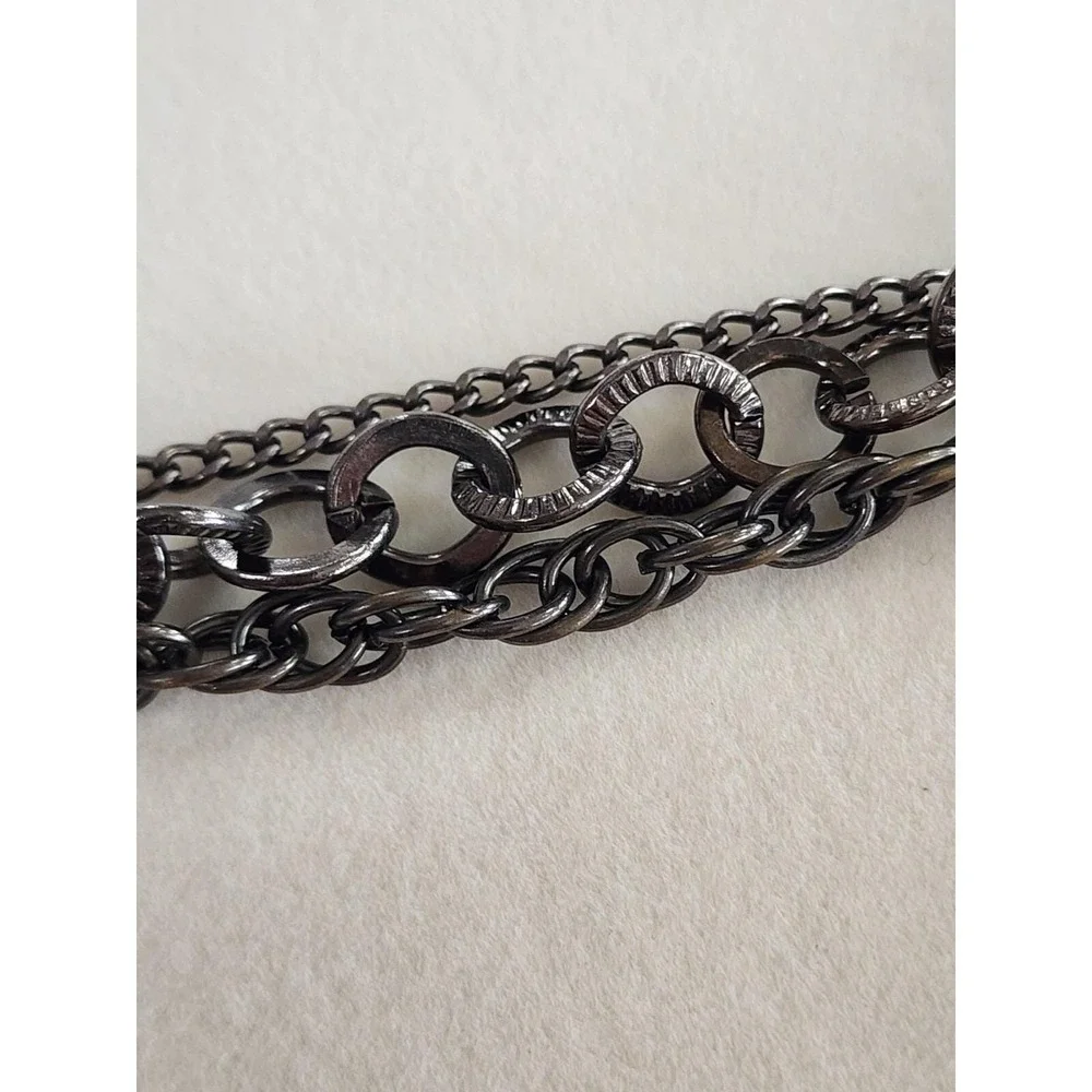 MADE WITH LOVE Signed T Charm Bracelet Multi-Strand Key Faux Pearl Gunmetal Grey